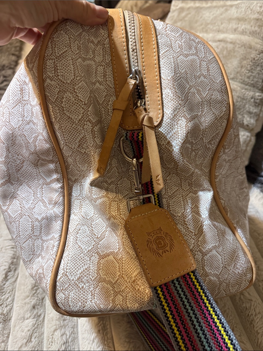 Consuela White Snake-Print Travel Tote with Tan Trim and Multi-Stripe Handles - Picture 5 of 5